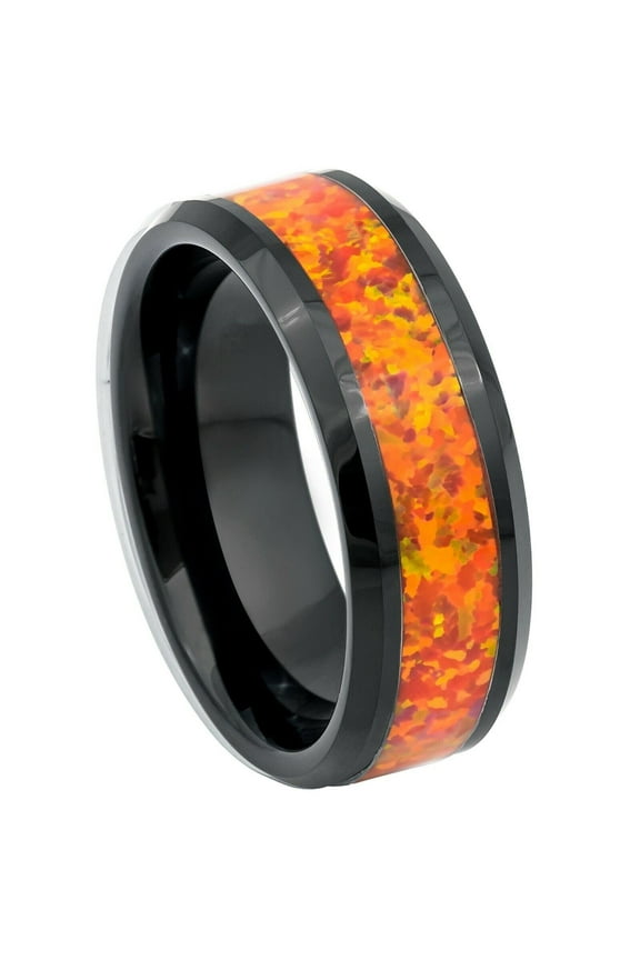 Tungsten Rings for Men, 8mm Orange Fire Opal Wedding Bands