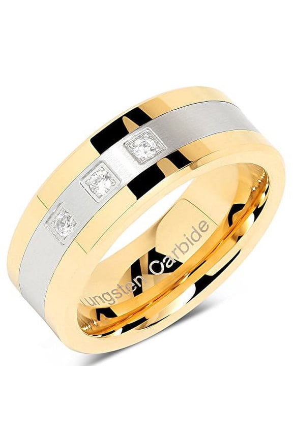 Tungsten Rings for Men Gold Silver Crystal Wedding Bands Two Tone 3 CZ Stone Promise Marriage Size 8-16 (Tungsten, 13)