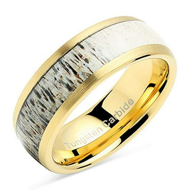 Tungsten Rings for Men Gold Wedding Band Antler Inlaid Dome Edge Matte Finish Size 8-16 (Tungsten, 8)
