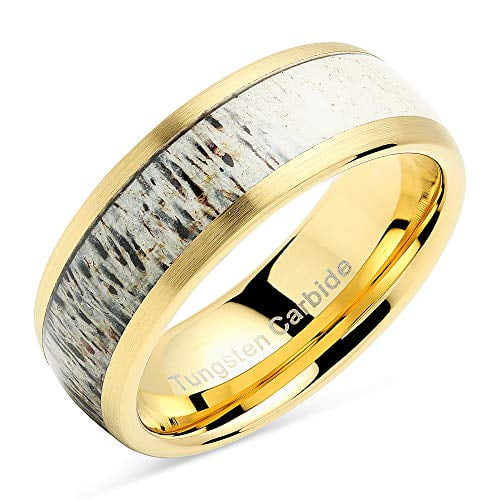 Tungsten Rings for Men Gold Wedding Band Antler Inlaid Dome Edge Matte Finish Size 8-16 (Tungsten, 8)