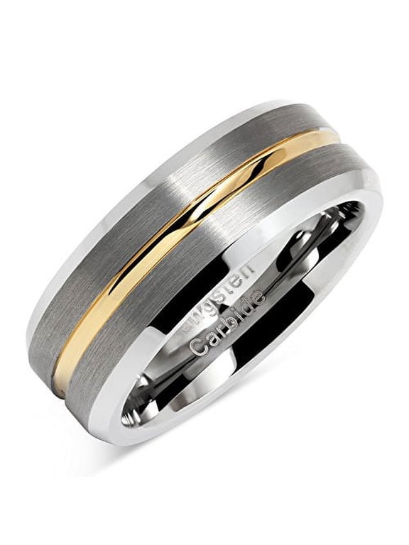 Tungsten Rings for Men Two Tone Silver Wedding Bands Gold Grooved Matte Finish Size 6-16 (Tungsten, 10)