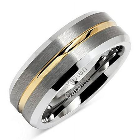 Tungsten Rings for Men Two Tone Silver Wedding Bands Gold Grooved Matte Finish Size 6-16 (Tungsten, 9)