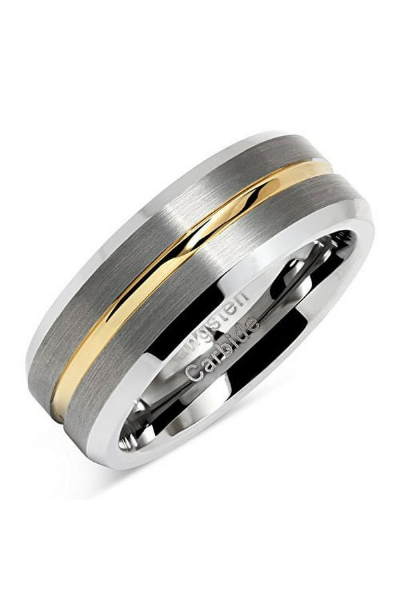 Tungsten Rings for Men Two Tone Silver Wedding Bands Gold Grooved Matte Finish Size 6-16 (Tungsten, 9)