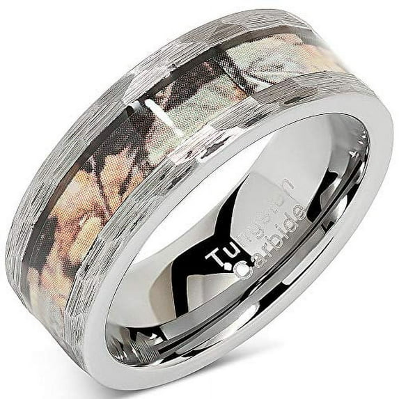Tungsten Rings for Men Wedding Band Hunting Camo Inlaid Hammered Edge Size 8-16 (Tungsten, 13.5)