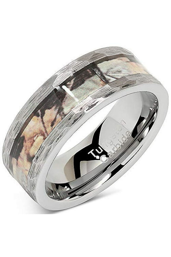 Tungsten Rings for Men Wedding Band Hunting Camo Inlaid Hammered Edge Size 8-16 (Tungsten, 14.5)