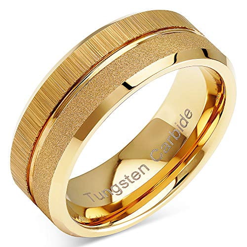 Tungsten Rings for Men Wedding Bands Gold Sandblast Brushed Grooved Size 6-16 (Tungsten, 6.5)