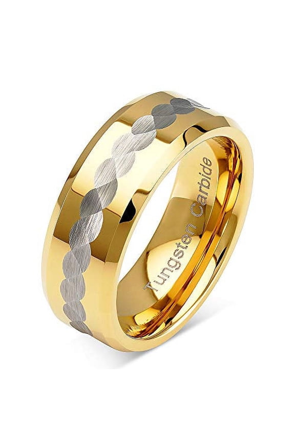 Tungsten Rings for Men Wedding Bands Two Tone Gold Silver Hammer Finish Middle Size 6-16 (Tungsten, 12)