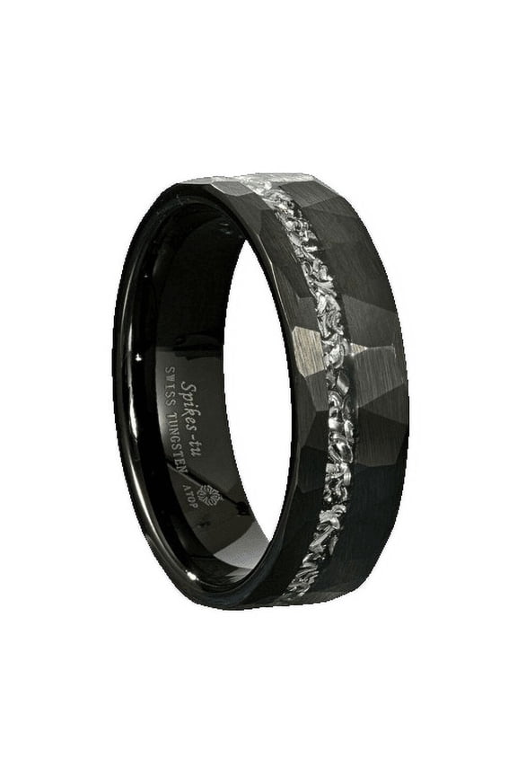 Tungsten Rings for Men Wedding Bands for Him 6mm Black with Meteorite