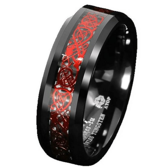 Tungsten Rings for Men Wedding Bands for Him 6mm Red Celtic Dragon Black Carbon Fiber