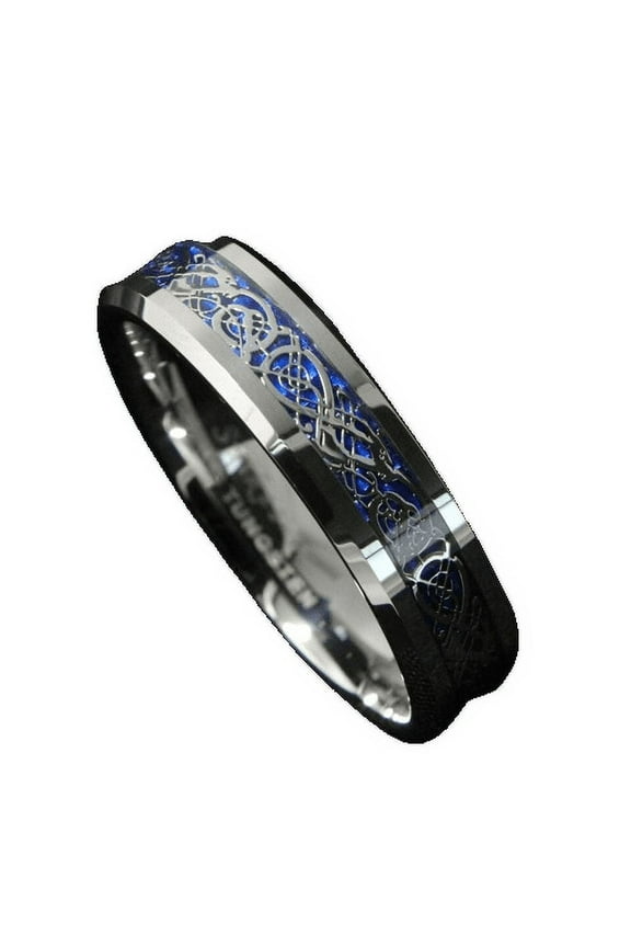 Tungsten Rings for Men Wedding Bands for Him 6mm Silver on Blue Celtic Dragon