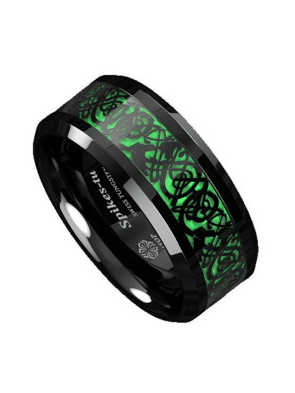 Tungsten Rings for Men Wedding Bands for Him 8mm Black Celtic Dragon Carbon Fiber Green