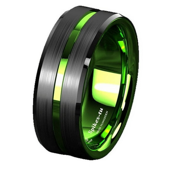 Tungsten Rings for Men Wedding Bands for Him 8mm Black Green Line