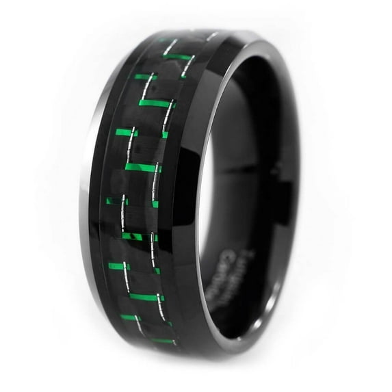 Tungsten Rings for Men Wedding Bands for Him 8mm Black and Green Carbon Fiber