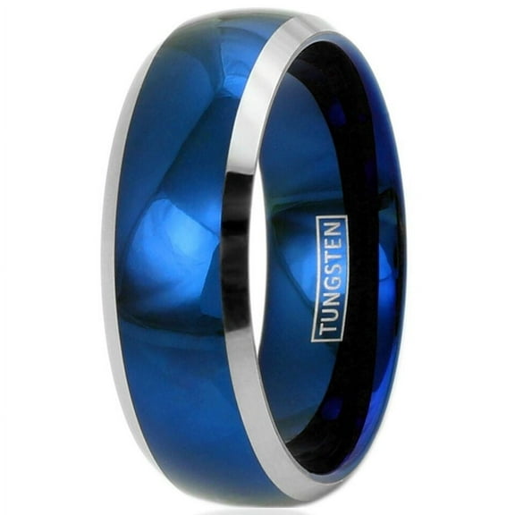 Tungsten Rings for Men Wedding Bands for Him 8mm Blue Domed with Beveled Silver Edges