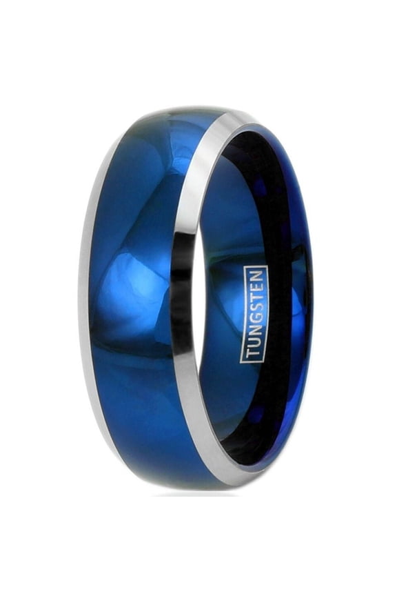 Tungsten Rings for Men Wedding Bands for Him 8mm Blue Domed with Beveled Silver Edges