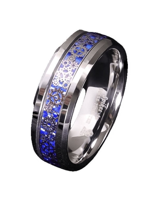 Tungsten Rings for Men Wedding Bands for Him 8mm Clockwork Gears Blue Carbon Fiber