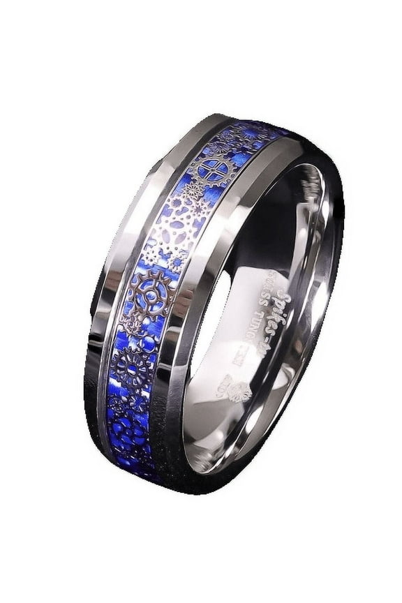 Tungsten Rings for Men Wedding Bands for Him 8mm Clockwork Gears Blue Carbon Fiber