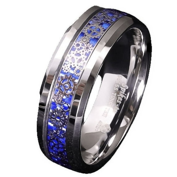 Tungsten Rings for Men Wedding Bands for Him 8mm Clockwork Gears Blue Carbon Fiber