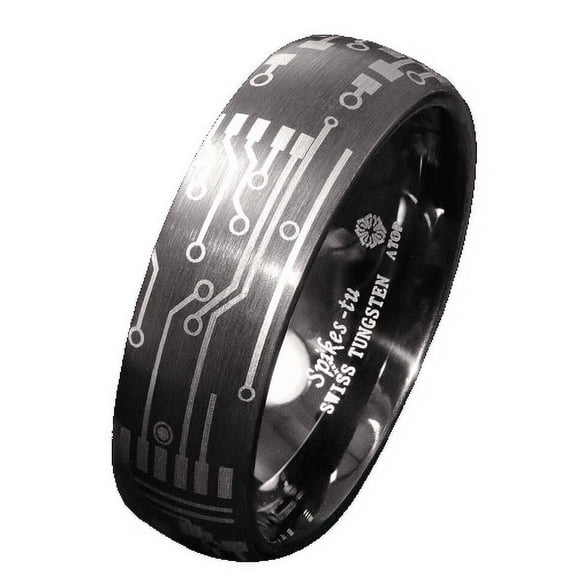 Tungsten Rings for Men Wedding Bands for Him 8mm Dome Brushed Black Laser Circuit Board