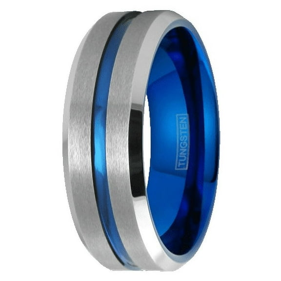 Tungsten Rings for Men Wedding Bands for Him 8mm Silver Blue Line
