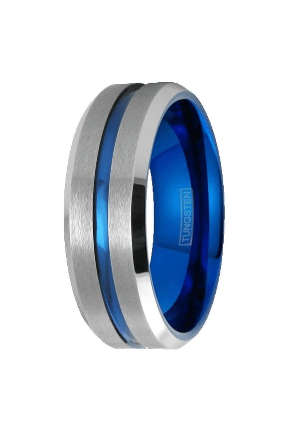 Tungsten Rings for Men Wedding Bands for Him 8mm Silver Blue Line
