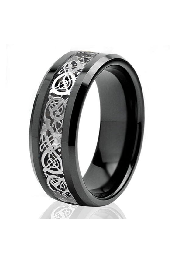 Tungsten Rings for Men Wedding Bands for Him 8mm Silver Celtic Dragon Black Tungsten Carbon