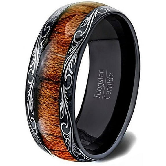 Tungsten Rings for Men Wedding Bands for Him Womens Wedding Bands for Her 6mm Black Koa Wood Inlay Dome Flower Design