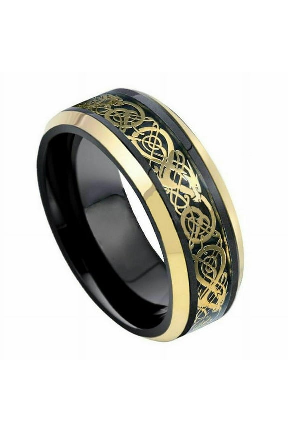 Tungsten Rings for Men Wedding Bands for Him Womens Wedding Bands for Her 6mm Black Yellow Gold Loyal Celtic Dragon Knot