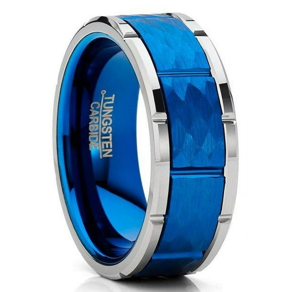 Tungsten Rings for Men Wedding Bands for Him Womens Wedding Bands for Her 6mm Blue Hammered Finish With Notches