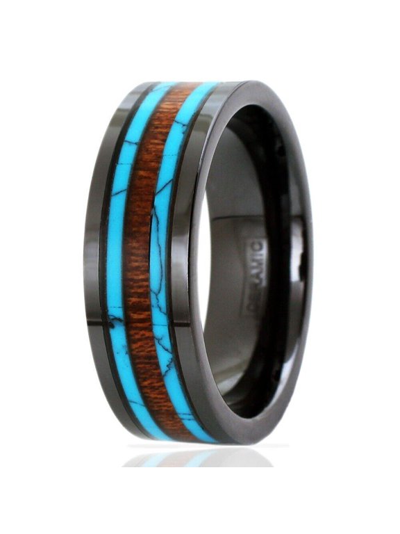 Tungsten Rings for Men Wedding Bands for Him Womens Wedding Bands for Her 6mm Hi-Tech Ceramic Hawaiian Koa Wood and Turquoise Wedding Band