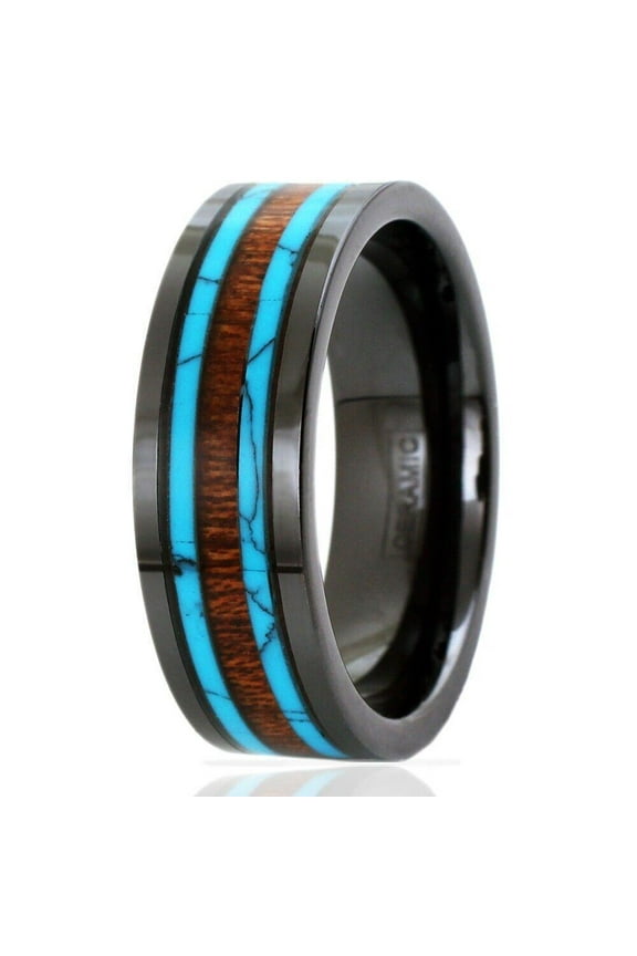 Tungsten Rings for Men Wedding Bands for Him Womens Wedding Bands for Her 6mm Hi-Tech Ceramic Hawaiian Koa Wood and Turquoise Wedding Band