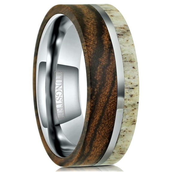 Tungsten Rings for Men Wedding Bands for Him Womens Wedding Bands for Her 6mm Offset Deer Antler and Bocote Wood Wedding Band