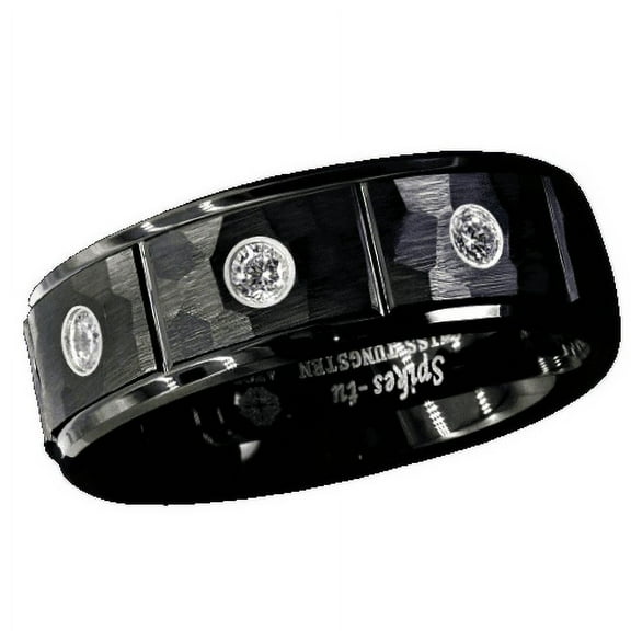 Tungsten Rings for Men Wedding Bands for Him Womens Wedding Bands for Her 8mm Black Brushed Rock Skin 3 Diamonds Inlay