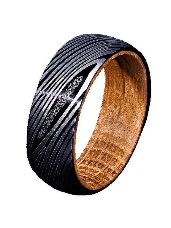 Tungsten Rings for Men Wedding Bands for Him Womens Wedding Bands for Her 8mm Black Damascus Steel with Whiskey Barrel Wood Sleeve Rings