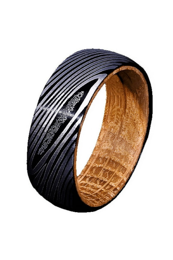 Tungsten Rings for Men Wedding Bands for Him Womens Wedding Bands for Her 8mm Black Damascus Steel with Whiskey Barrel Wood Sleeve Rings