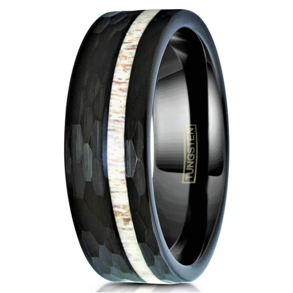 Tungsten Rings for Men Wedding Bands for Him Womens Wedding Bands for Her 8mm Black Deer Antler Stripe Hammered