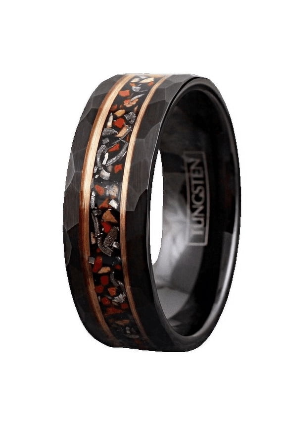 Tungsten Rings for Men Wedding Bands for Him Womens Wedding Bands for Her 8mm Black Faux Dinosaur Bone-Meteorite Rose Gold Plated Stripe