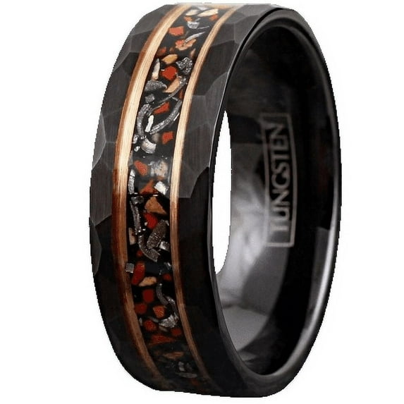 Tungsten Rings for Men Wedding Bands for Him Womens Wedding Bands for Her 8mm Black Faux Dinosaur Bone-Meteorite Rose Gold Plated Stripe