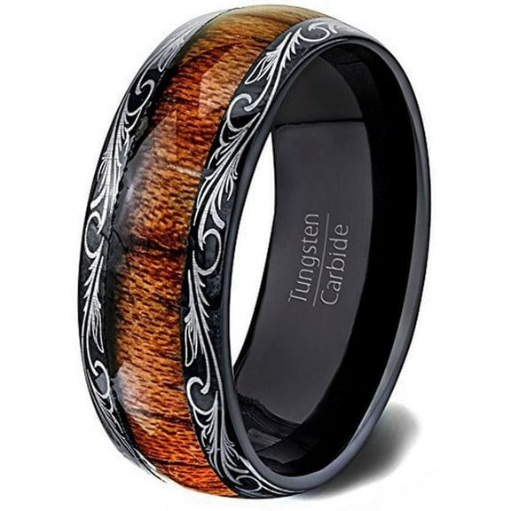 Tungsten Rings for Men Wedding Bands for Him Womens Wedding Bands for Her 8mm Black Koa Wood Inlay Dome Flower Design