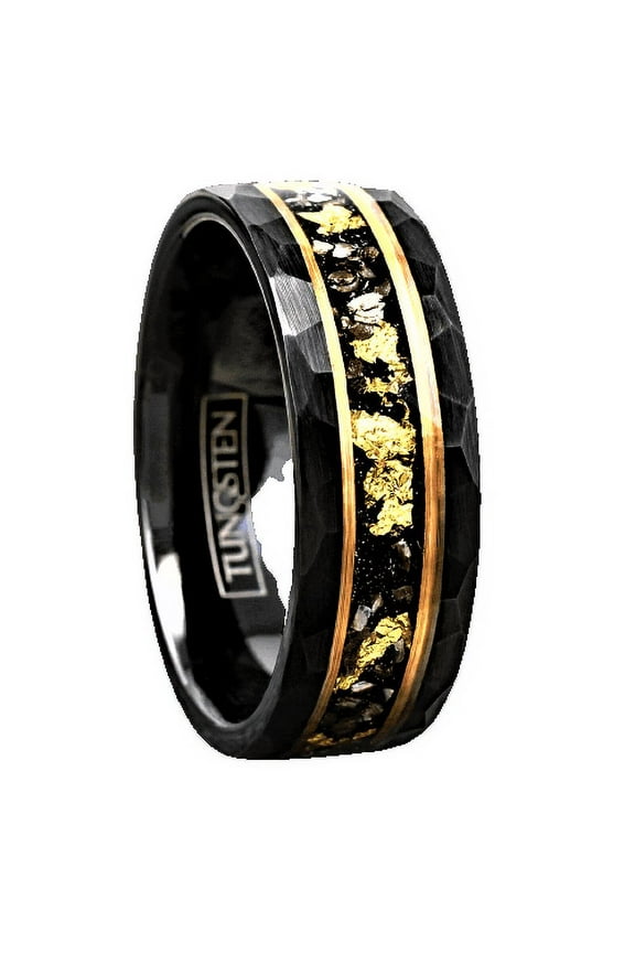 Tungsten Rings for Men Wedding Bands for Him Womens Wedding Bands for Her 8mm Black Meteorite Gold Flakes