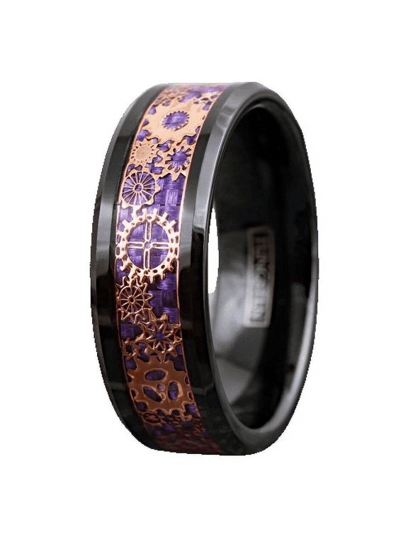 Tungsten Rings for Men Wedding Bands for Him Womens Wedding Bands for Her 8mm Black Rose Gold Plated Steampunk Clockwork Gears Purple