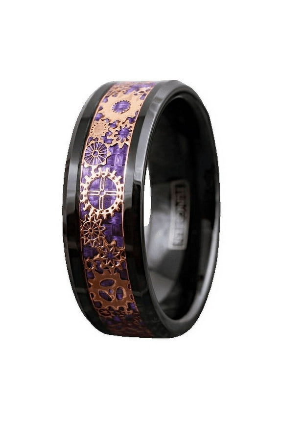 Tungsten Rings for Men Wedding Bands for Him Womens Wedding Bands for Her 8mm Black Rose Gold Plated Steampunk Clockwork Gears Purple