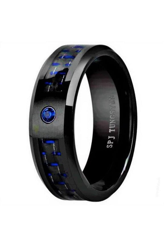 Tungsten Rings for Men Wedding Bands for Him Womens Wedding Bands for Her 8mm Blue Carbon Fiber Blue Diamond