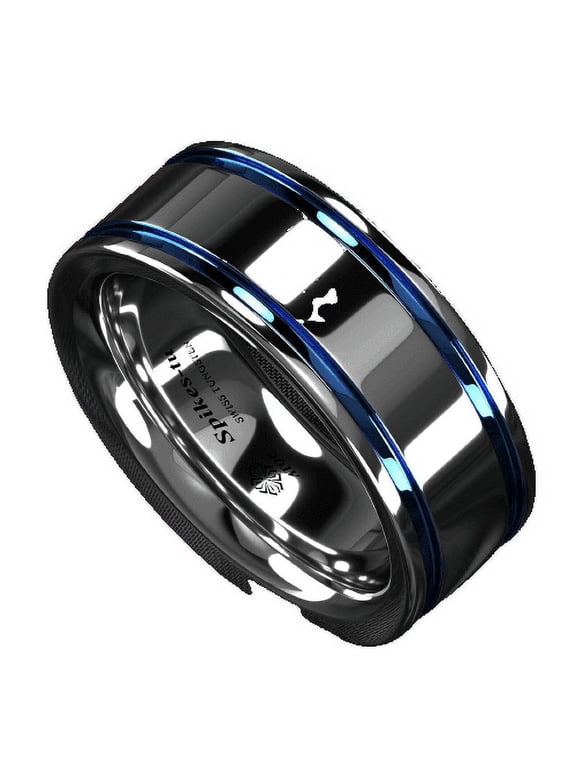 Tungsten Rings for Men Wedding Bands for Him Womens Wedding Bands for Her 8mm Blue Grooved Lines