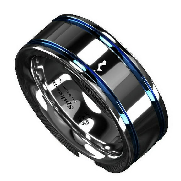 Tungsten Rings for Men Wedding Bands for Him Womens Wedding Bands for Her 8mm Blue Grooved Lines
