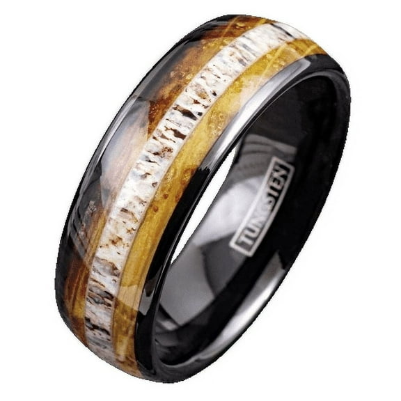 Tungsten Rings for Men Wedding Bands for Him Womens Wedding Bands for Her 8mm Deer Antler & Whiskey Barrel
