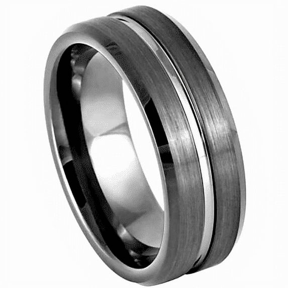 Tungsten Rings for Men Wedding Bands for Him Womens Wedding Bands for Her 8mm Gun Metal Grooved Center Beveled Edge