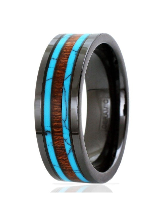 Tungsten Rings for Men Wedding Bands for Him Womens Wedding Bands for Her 8mm Hi-Tech Ceramic Hawaiian Koa Wood and Turquoise Wedding Band