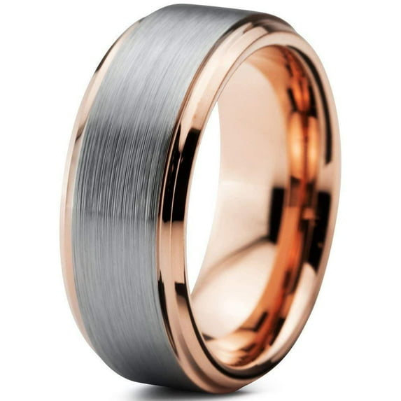 Tungsten Rings for Men Wedding Bands for Him Womens Wedding Bands for Her 8mm Rose Gold Inner with Silver Brushed Finish