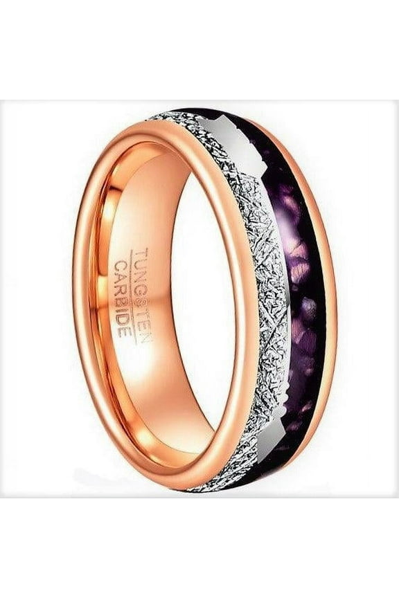 Tungsten Rings for Men Wedding Bands for Him Womens Wedding Bands for Her 8mm Rose Gold Purple Agate Meteorite Arrow